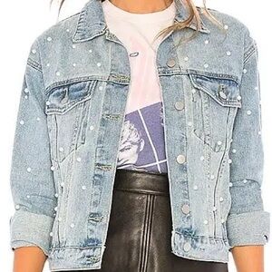 Revolve x Superdown Light Blue Wash Denim Jacket with Pearls